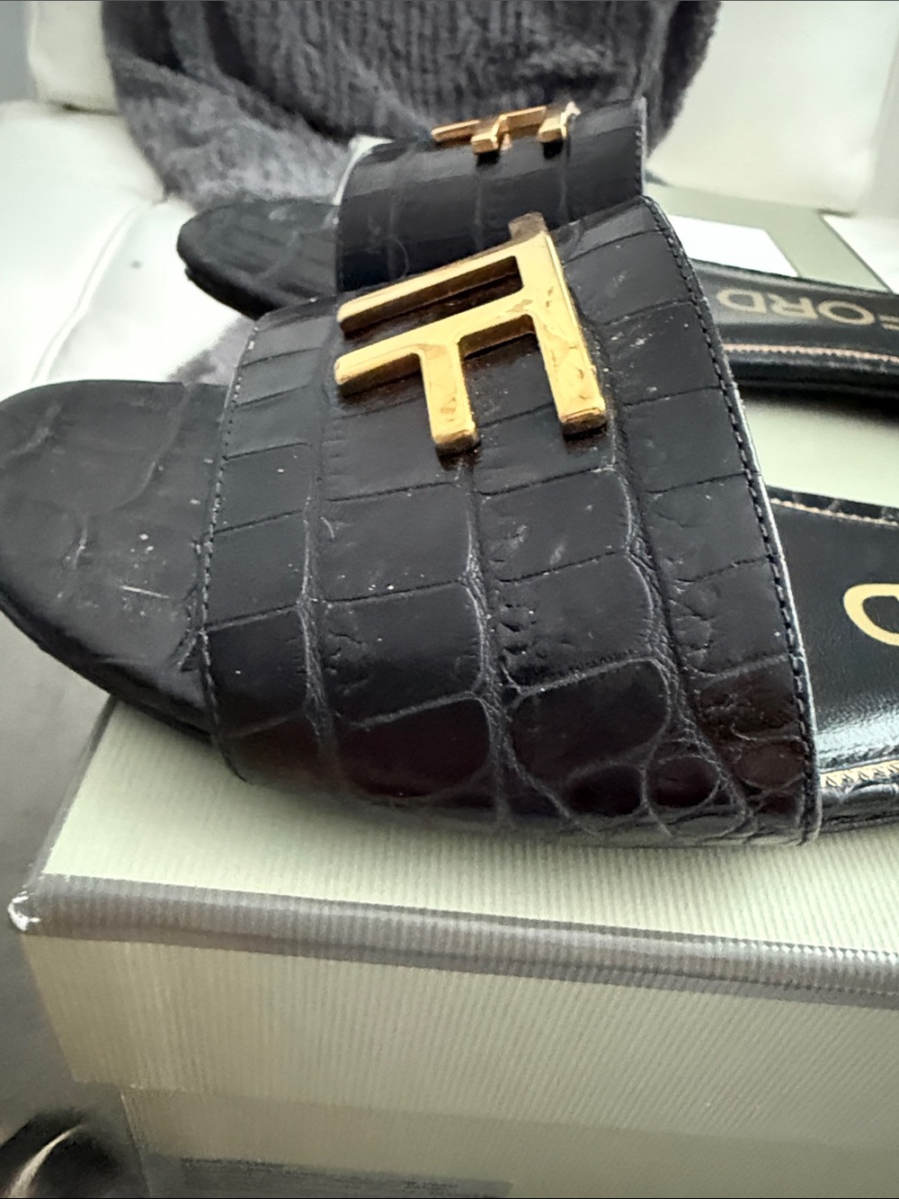 Tom Ford Black Croc-Embossed Slide Sandals with Gold TF Logo - Picture 5 of 14
